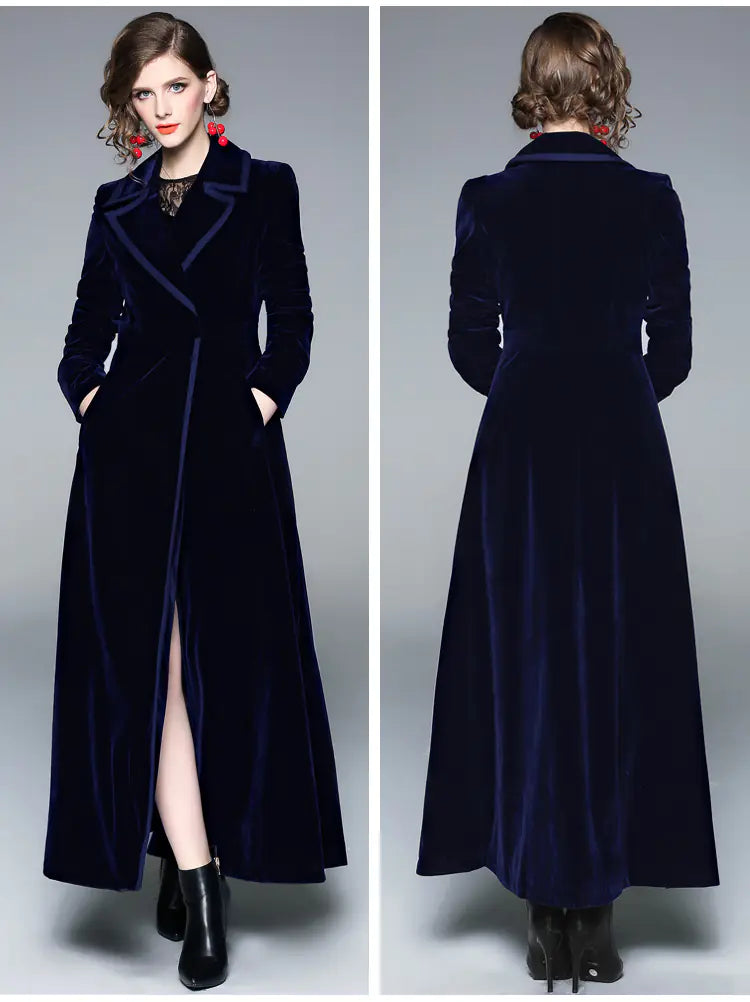 Elegant Long Velvet Trench Coat – Women’s Evening Winter Coat