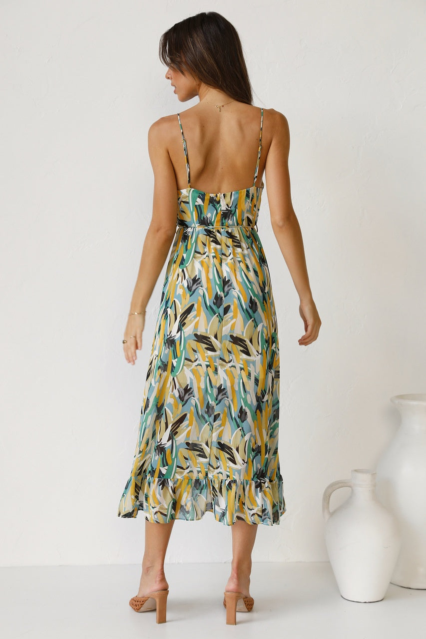 Colorful Midi Dress with Ruffle Hem – Summer Chic 🌞🌿