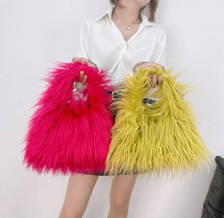Faux Fur Statement Clutch – Fluffy Triangle Handbag