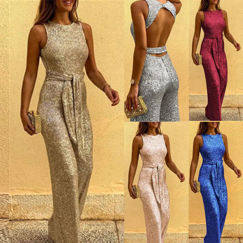 ✨ Glamorous Sequin Sleeveless Jumpsuit – Backless Elegance