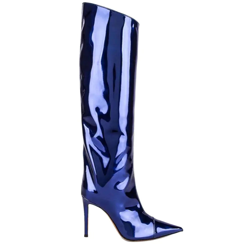 Holographic Patent-Leather Stiletto Knee Boots - Point-Toe Shine & Comfort