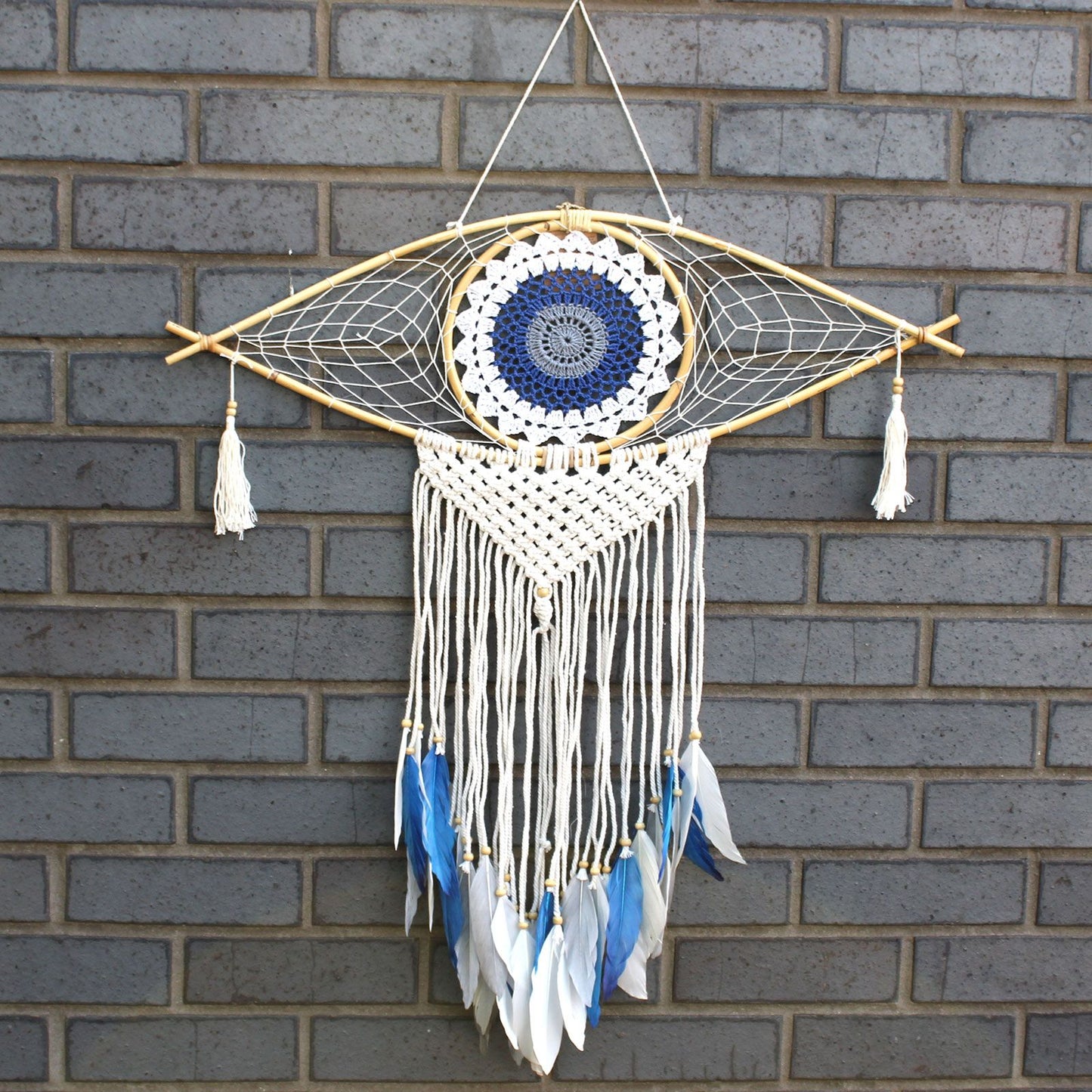 Protection Dream Cather - Lrg Macrame Eye White/ Blue/Grey