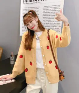 Strawberry Patterned Knit Cardigan with Pearl Buttons