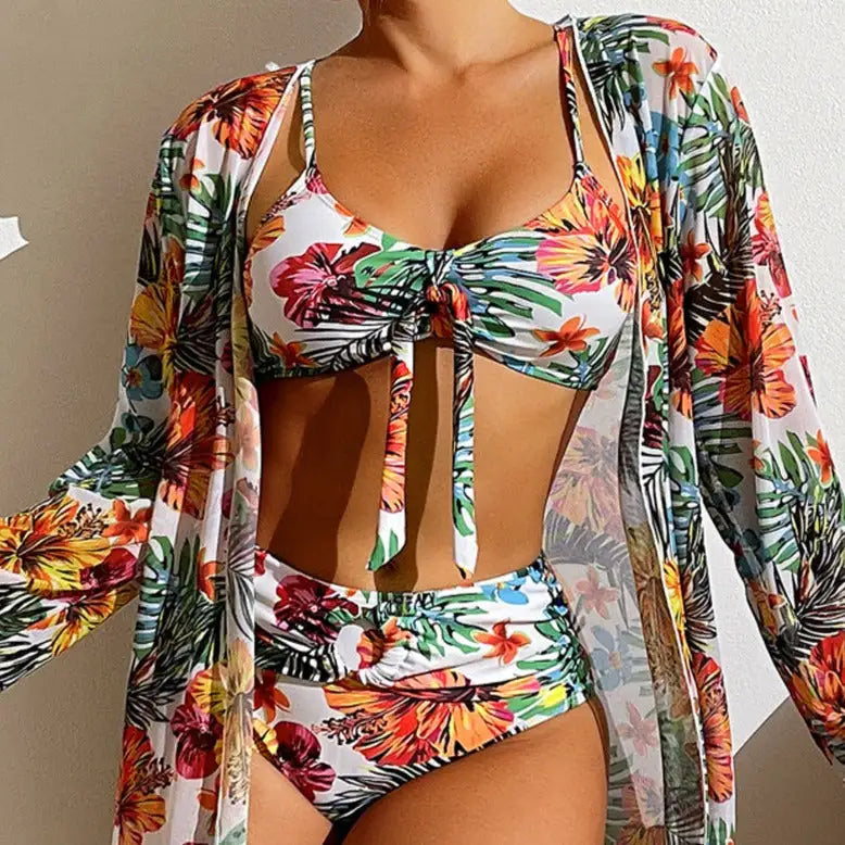 Three Piece Bikini Set - Floral Pattern