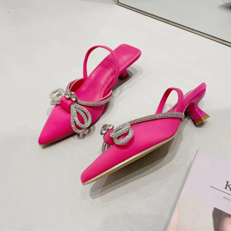 Rhinestone Bow Pointed Toe Slingback Pumps – Elegant Women’s Shoes