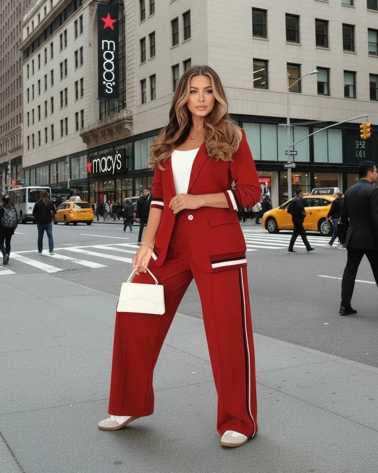 Women’s Two-Piece Wide-Leg Trousers & Blazer Set – Casual Chic Suit Style