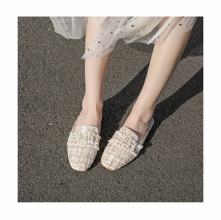 Chic Tweed Pearl-Embellished Slide Mule