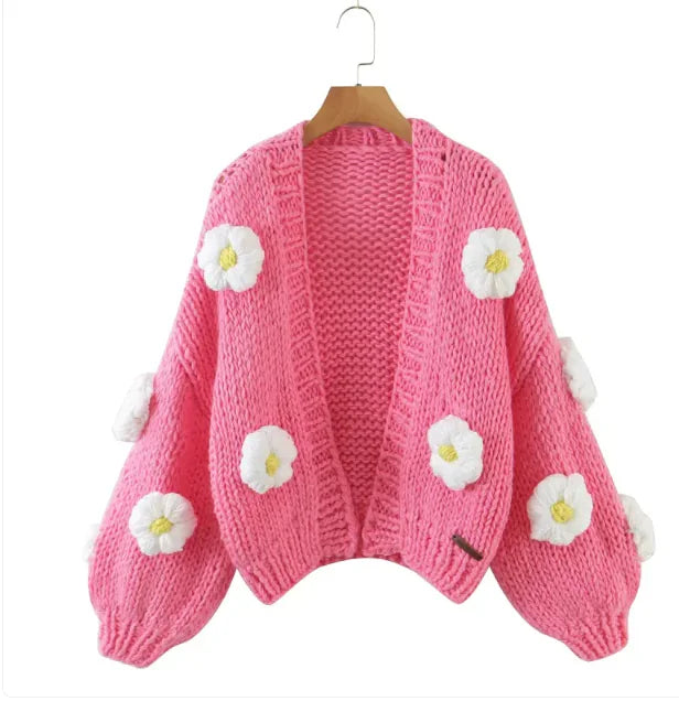 Handmade Chunky Knit 3D Flower Cardigan – Cozy Statement Sweater