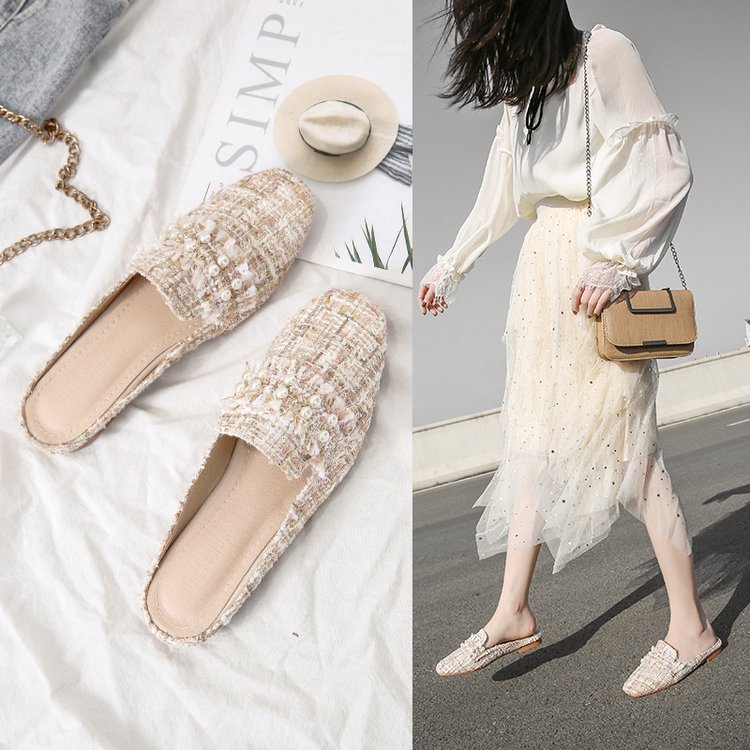 Chic Tweed Pearl-Embellished Slide Mule
