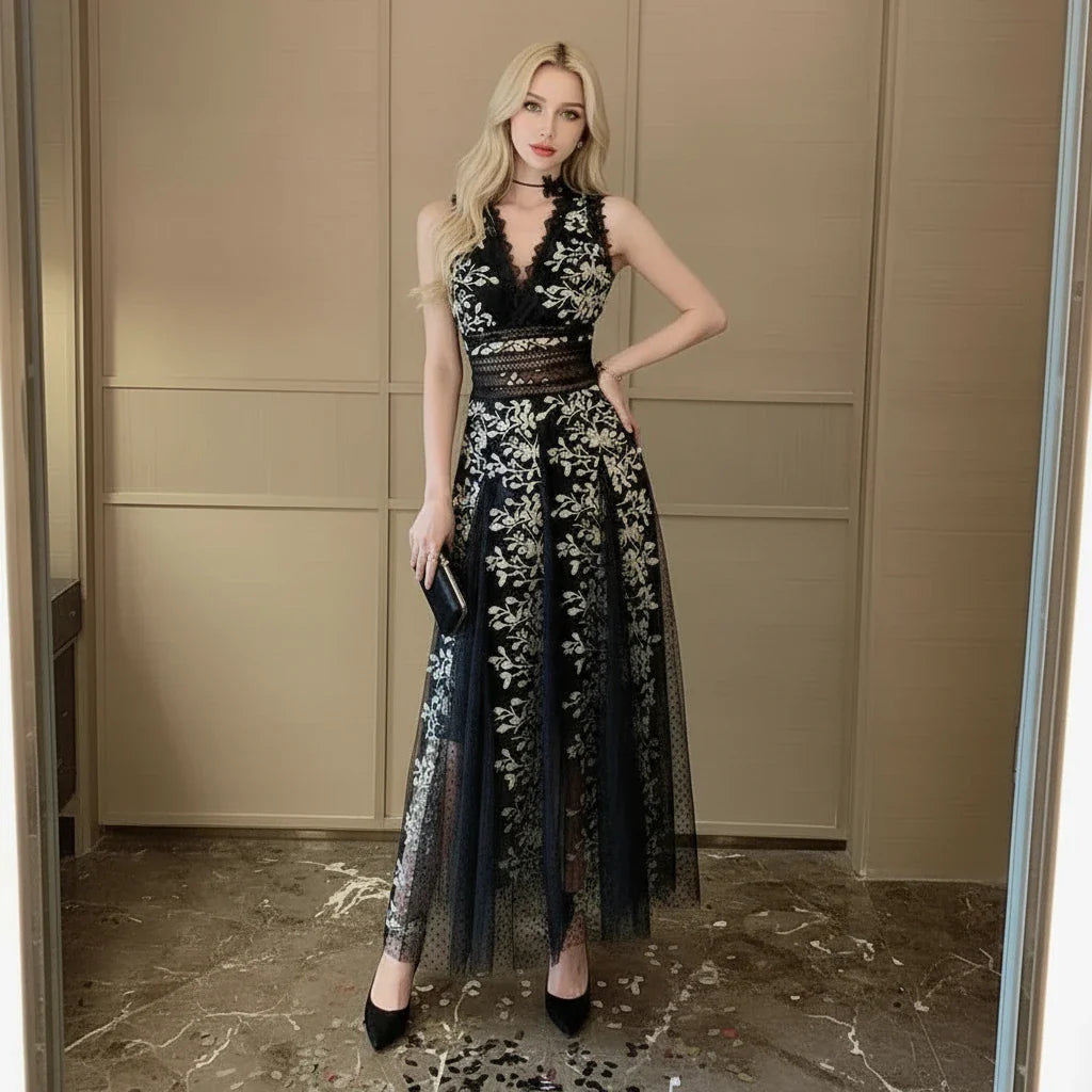 Lace & Tulle Midi Dress – Embroidered Mesh Elegance