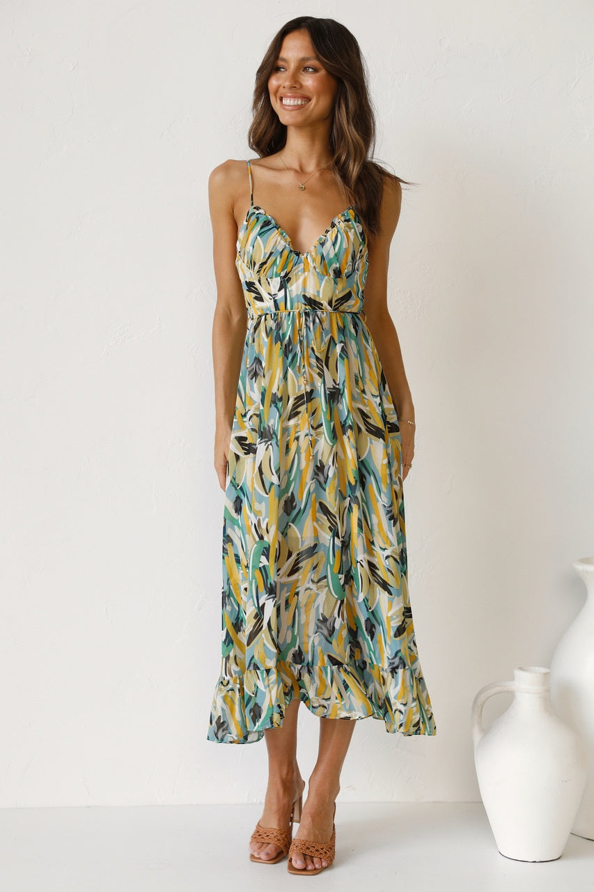 Colorful Midi Dress with Ruffle Hem – Summer Chic 🌞🌿