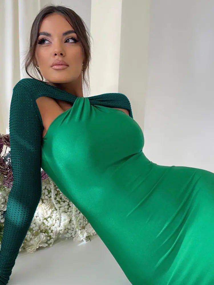 Women’s Long Bodycon Evening Dress with Textured Sleeves & Cutout Shoulders