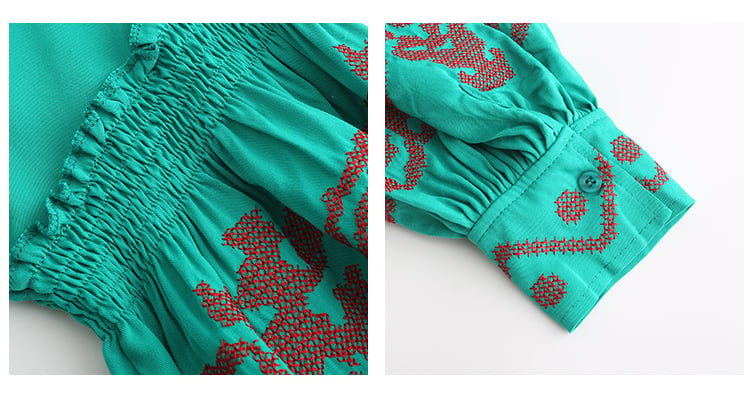 Embroidered V-Neck Boho Dress – Long Sleeve Cotton Beachwear