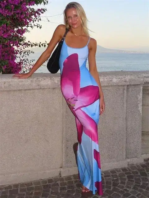 Floral Spaghetti Strap Maxi Dress – Slim Fit Summer Dress