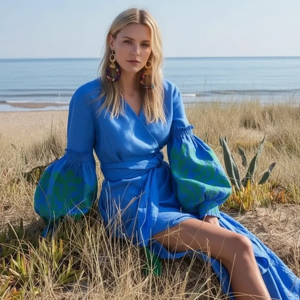 Embroidered V-Neck Boho Dress – Long Sleeve Cotton Beachwear