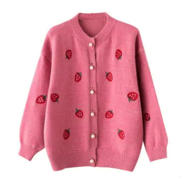 Strawberry Patterned Knit Cardigan with Pearl Buttons