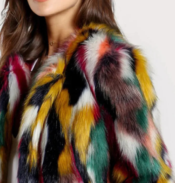 Multicolored Faux Fur Coat – Bold, Warm, Luxury Lined