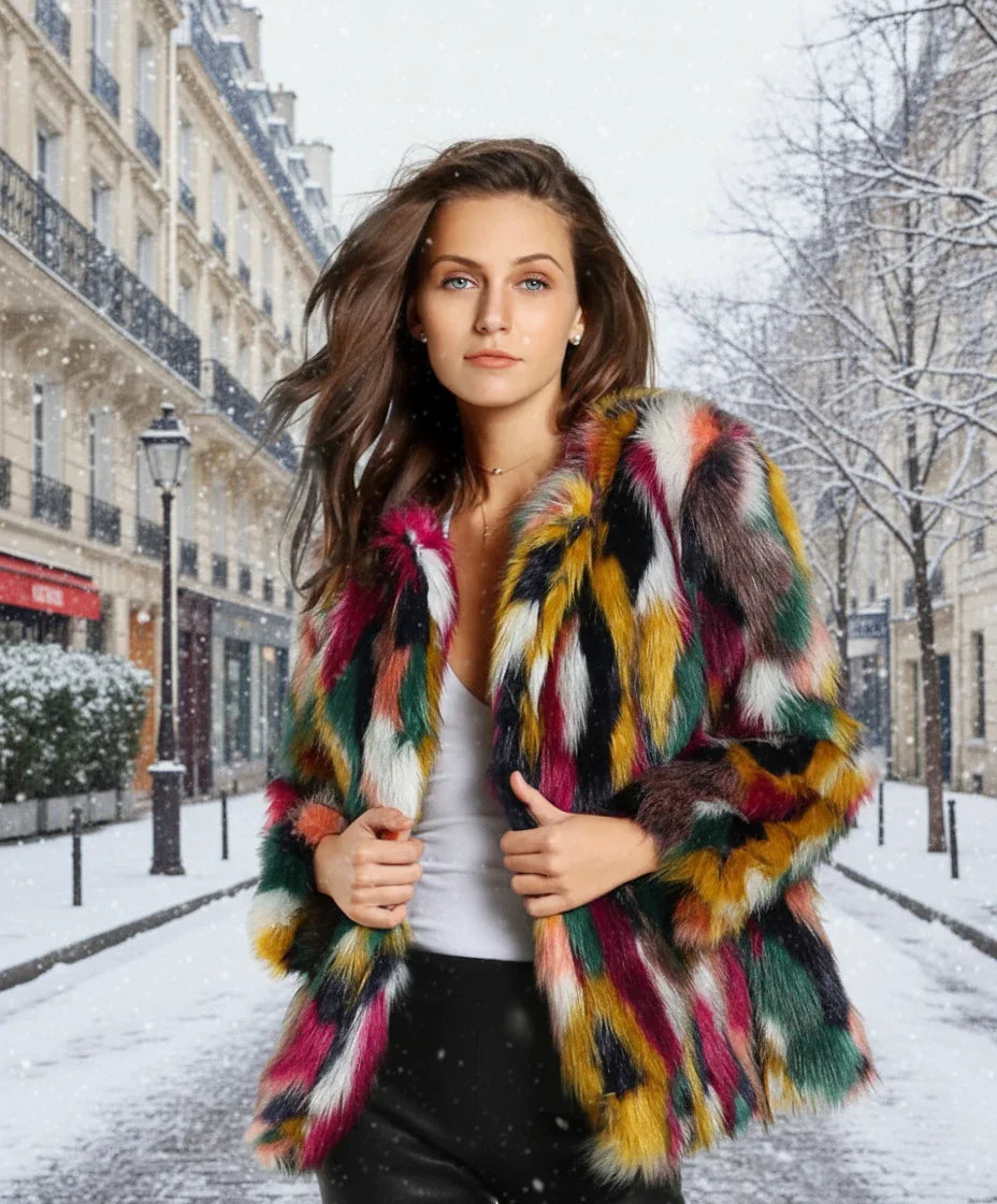 Multicolored Faux Fur Coat – Bold, Warm, Luxury Lined