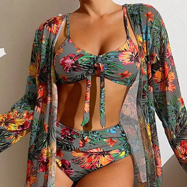 Three Piece Bikini Set - Floral Pattern