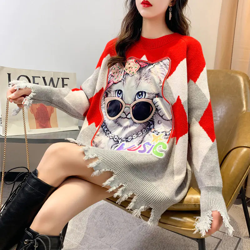 Cat Sequin Knit Sweater