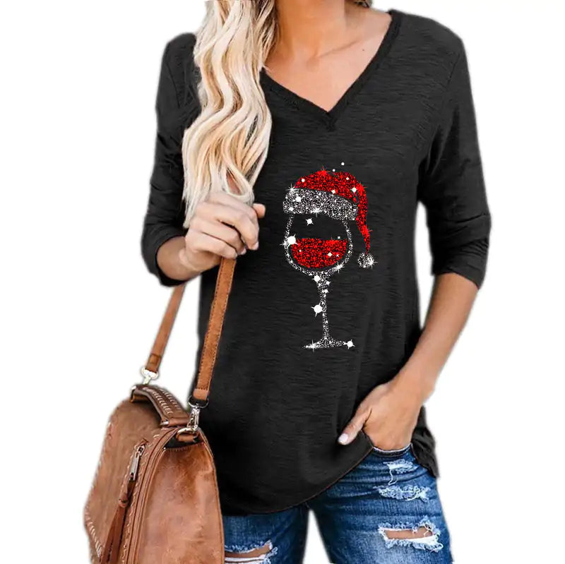 Christmas Wine Glass Graphic V-neck Tee – Holiday Long Sleeve Tee