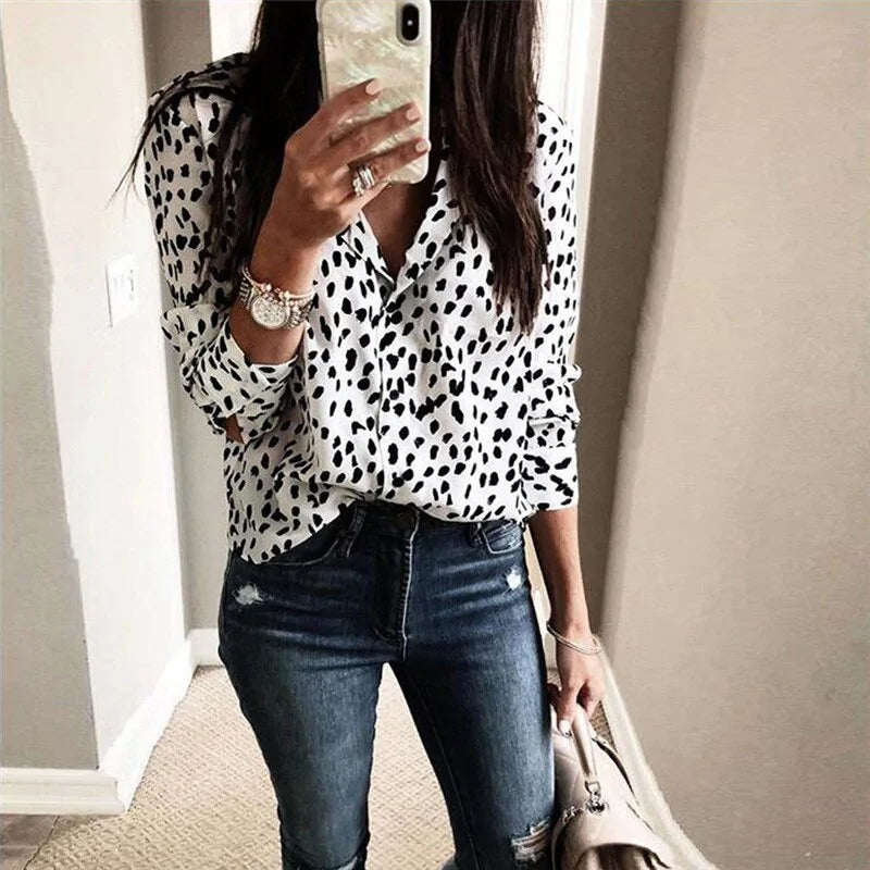 Chic Leopard Print Long Sleeve Blouse – Women’s Animal Print Fashion Top