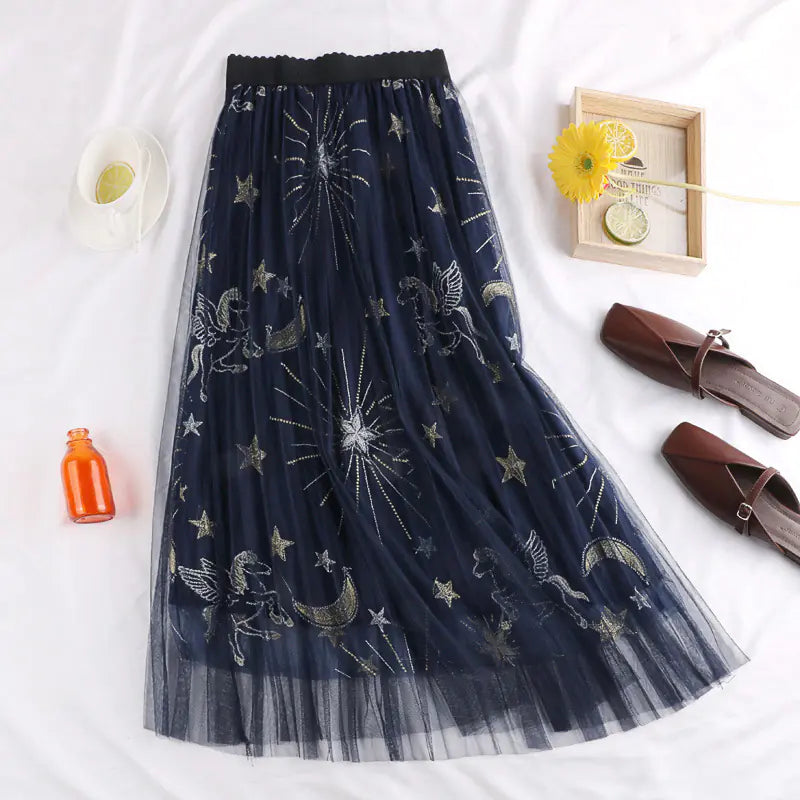 Celestial Embroidered Mesh Skirt
