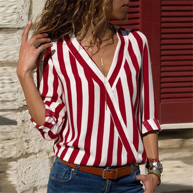 Vertical Stripe V-Neck Blouse for Women – Casual Chic Button Cuff Shirt