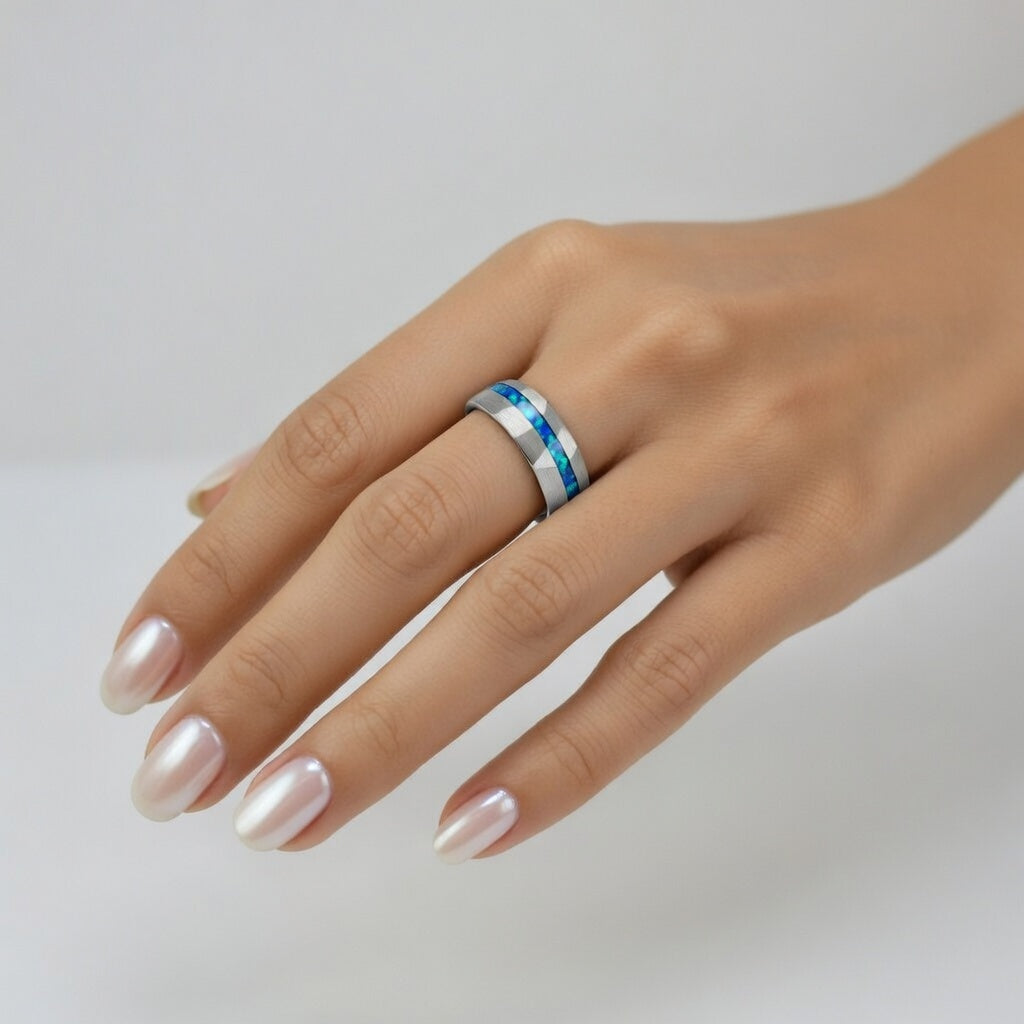 Anel de Tungsténio com Incrustação de Opala Azul