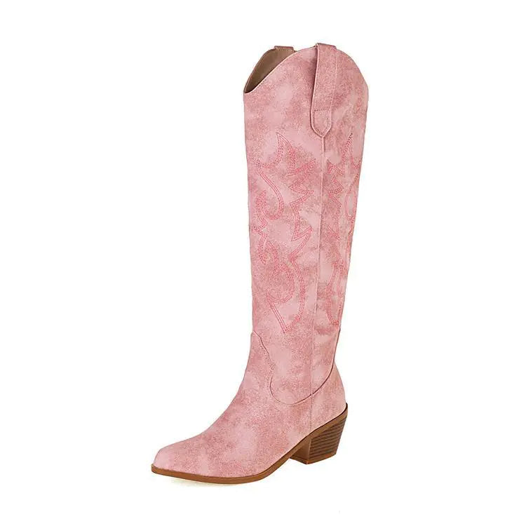 Western-Style Suede Knee Boots - Pointed Toe & Block Heel