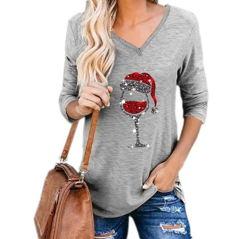Christmas Wine Glass Graphic V-neck Tee – Holiday Long Sleeve Tee