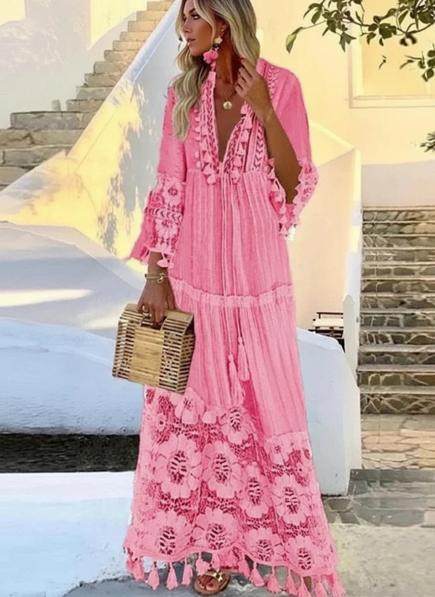 Boho Tassel Lace Maxi Dress – Embroidered Long Sleeve Beach Kaftan