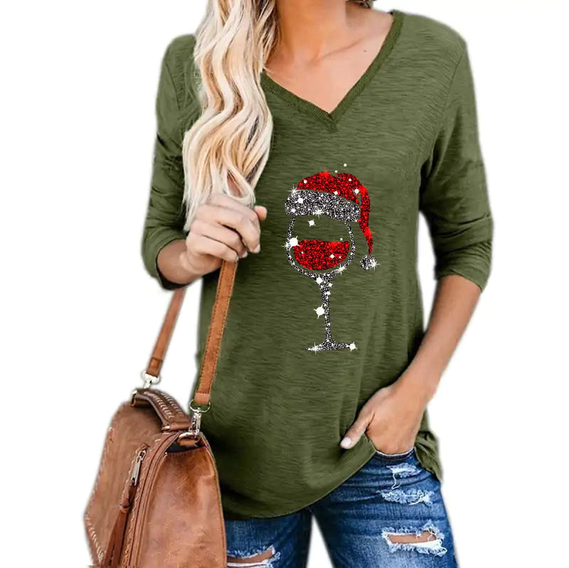 Christmas Wine Glass Graphic V-neck Tee – Holiday Long Sleeve Tee