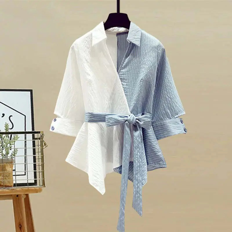 Chic 2-Piece Set – Denim-Look Wide Leg Pants + Colorblock Tie Shirt