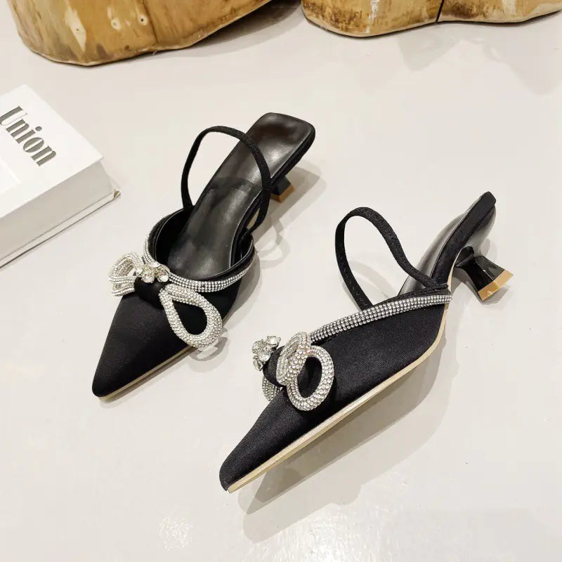 Rhinestone Bow Pointed Toe Slingback Pumps – Elegant Women’s Shoes