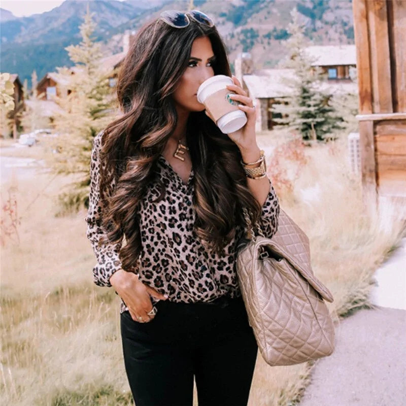 Chic Leopard Print Long Sleeve Blouse – Women’s Animal Print Fashion Top