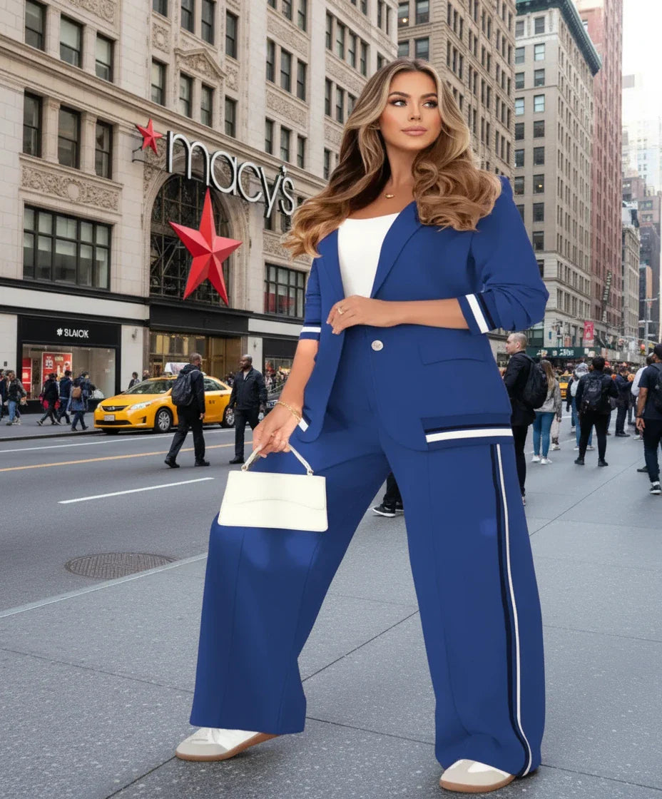 Women’s Two-Piece Wide-Leg Trousers & Blazer Set – Casual Chic Suit Style