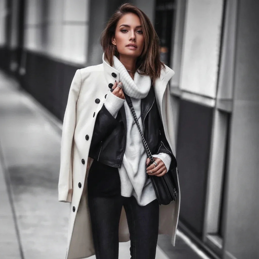 Classic Button Wool Blend Long Coat – Women’s Winter Elegance