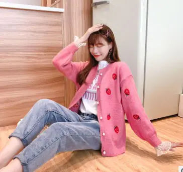 Strawberry Patterned Knit Cardigan with Pearl Buttons