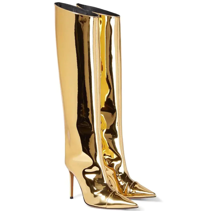 Holographic Patent-Leather Stiletto Knee Boots - Point-Toe Shine & Comfort