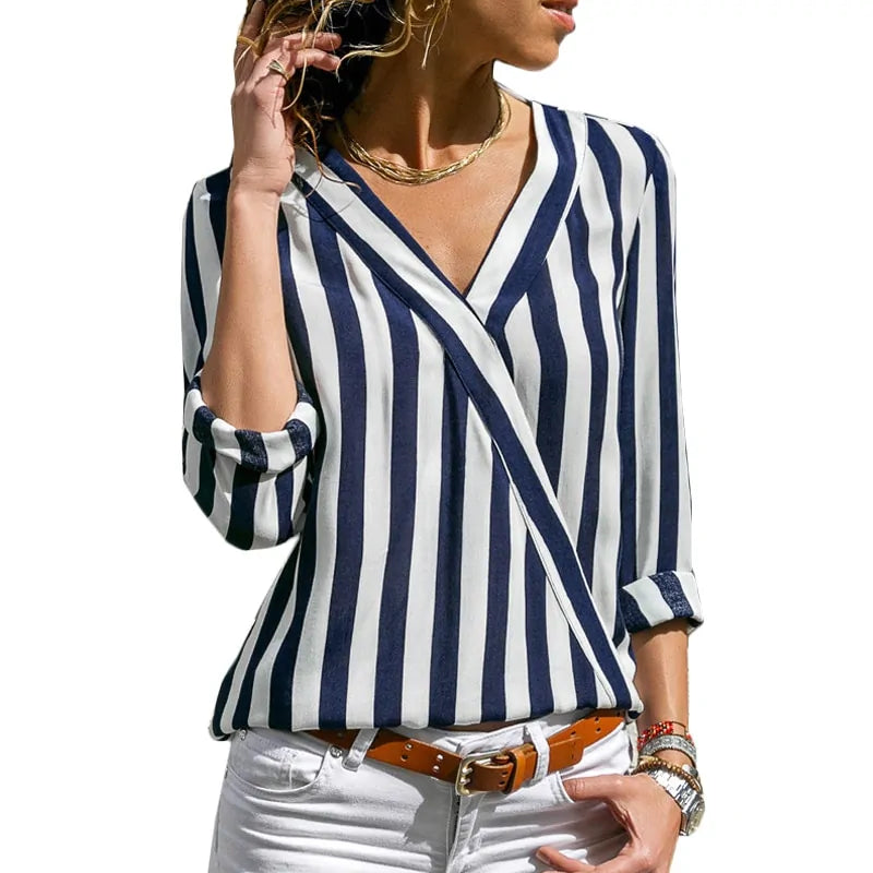 Vertical Stripe V-Neck Blouse for Women – Casual Chic Button Cuff Shirt