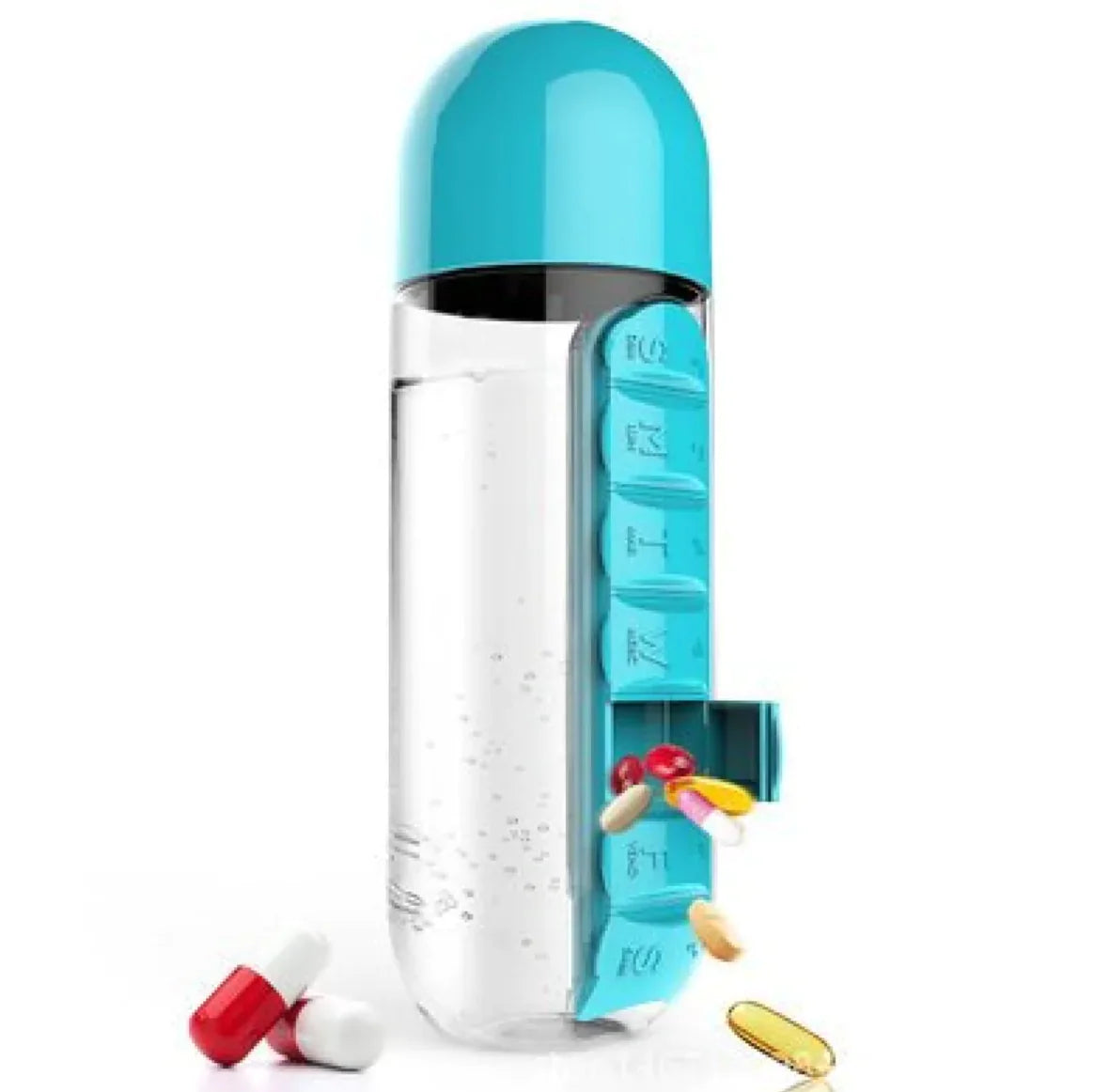 2-in-1 Pill Organizer Water Bottle – 600ml Travel Medicine & Supplement Cup