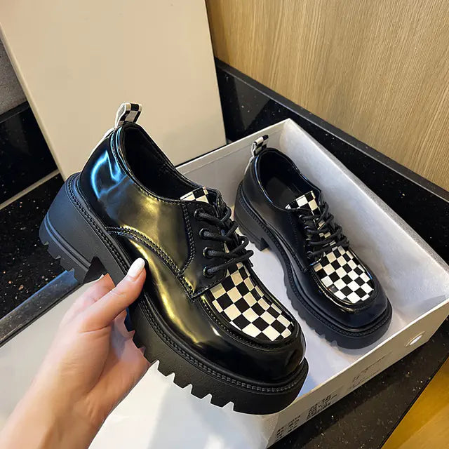 Modern Checkerboard Patent Leather Oxfords