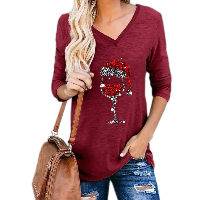 Christmas Wine Glass Graphic V-neck Tee – Holiday Long Sleeve Tee