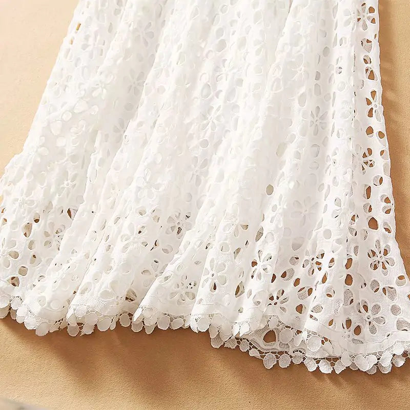 Elegant White Lace Midi Dress – Floral Cut-Out Detailing