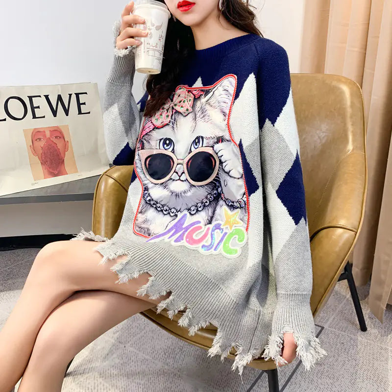 Cat Sequin Knit Sweater