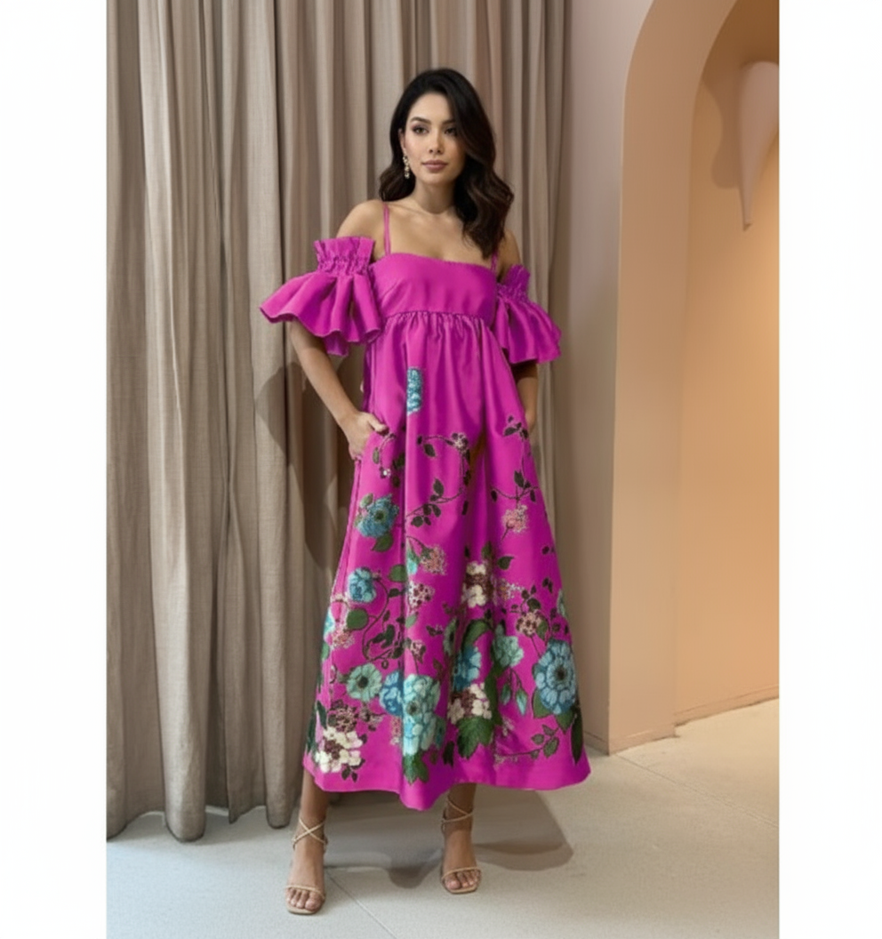 Floral Ruffle Off-Shoulder Maxi Dress – Summer Chic
