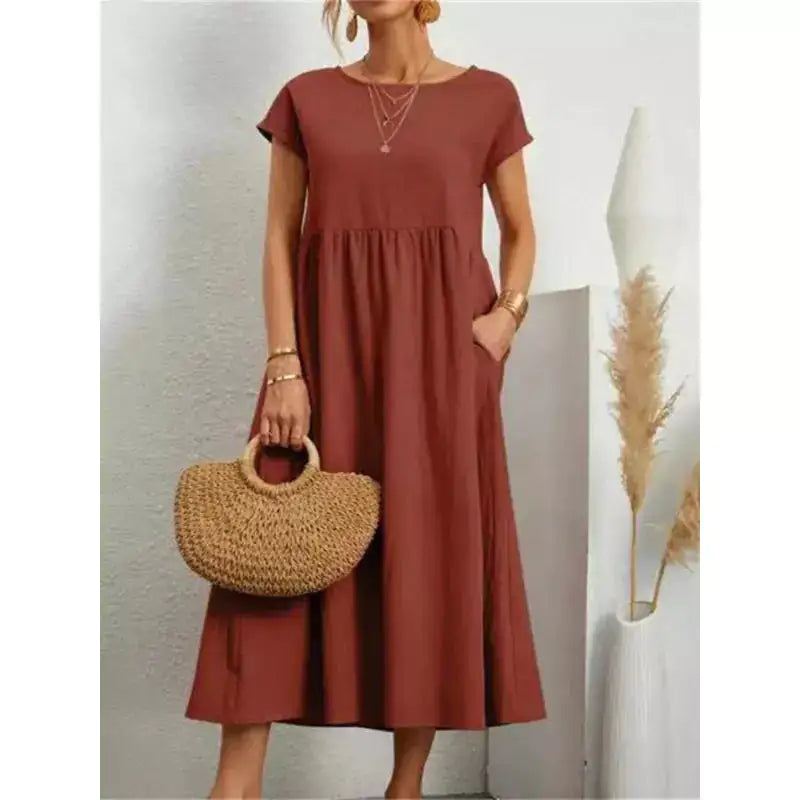 Women’s Long Linen Summer Dress with Pockets – Casual Loose Fit Midi Dress