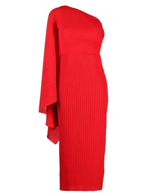Asymmetrical Pleated Bodycon Dress – One-Shoulder Midi Dress