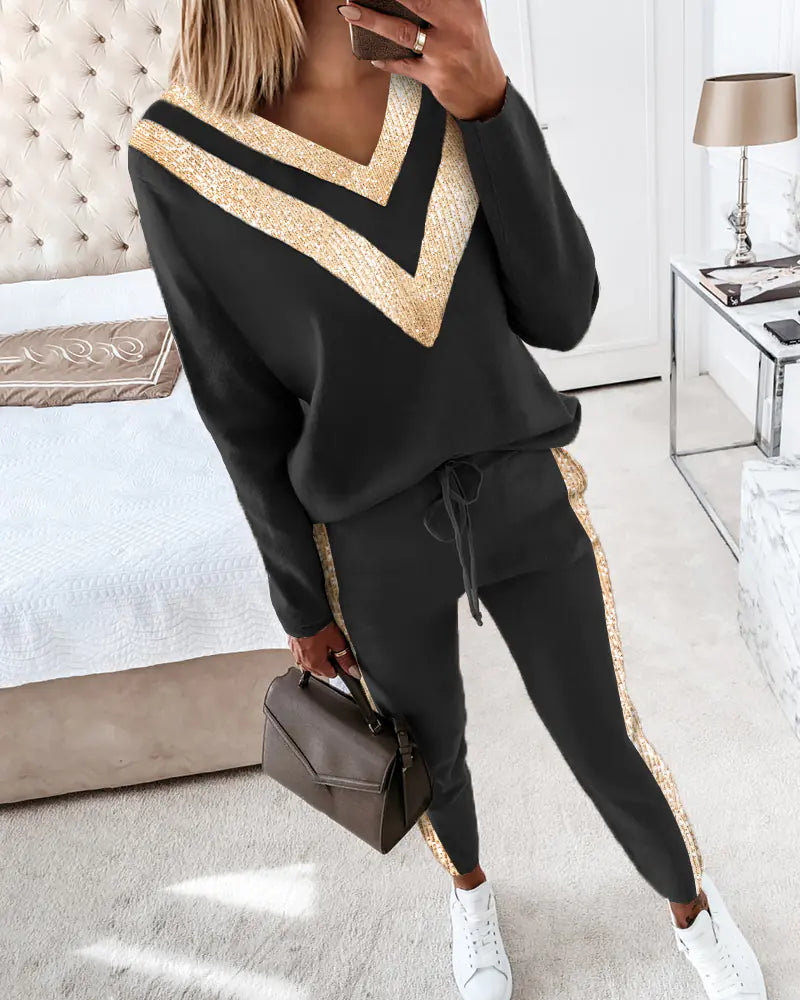 ✨ Chic Two-Piece Cotton Lounge Set – With Sequins, Pearls & Graphic Details